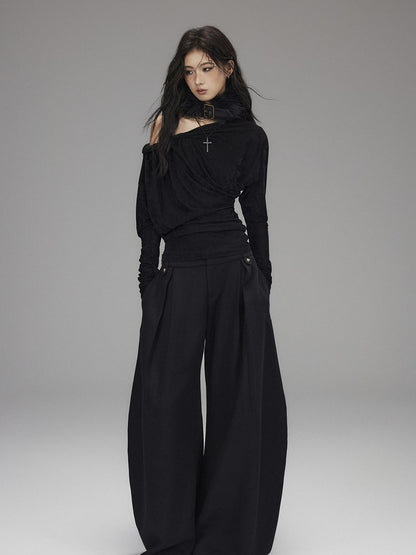 Low pixel Vintage Waist Long Sleeve Slant Neck Black Knit Women Off Shoulder Crop Tops