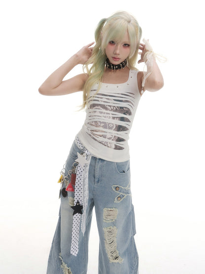 Frustration Garden Ripped Print Studded Irregular Double Layer Crop Slim U Neck Women&