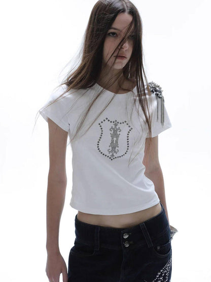 DoublePunch Cropped Hotfix Rhinestone Slim Fit Vintage Women&
