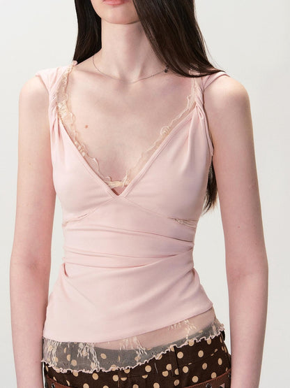 The NeverMore Soft Lace Slim Fit V-neck Stretch Cotton Tencel Women Pink Camisoles