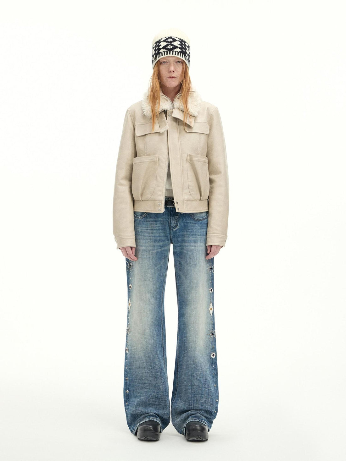 RUN TO THE FUTURE Washed Embroidered Low Rise Straight Cotton Button Fly Women Blue Wide-Leg Jeans