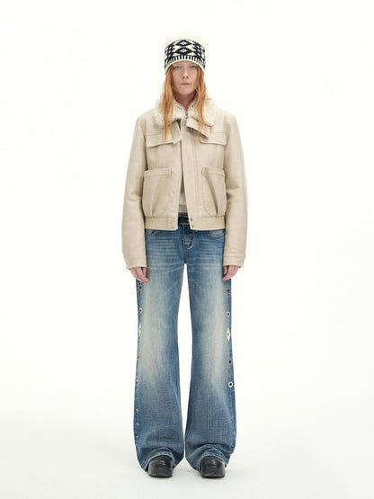 RUN TO THE FUTURE Washed Embroidered Low Rise Straight Cotton Button Fly Women Blue Wide-Leg Jeans