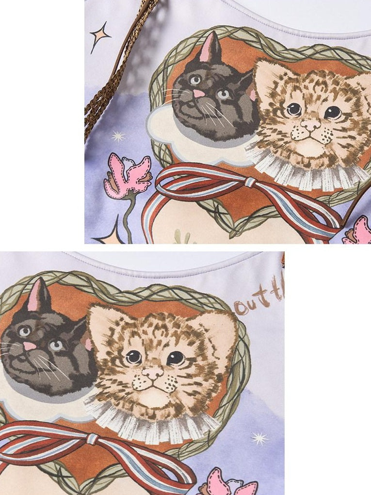 OuttheBlue Cute Cat Print Light Purple Roomy Square Double Strap Shoulder Women Tote Bags
