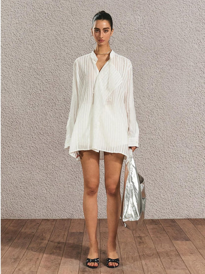 The NeverMore Breathable French Slim Button Stripe Open Cardigan Waist Tie Women Shirts