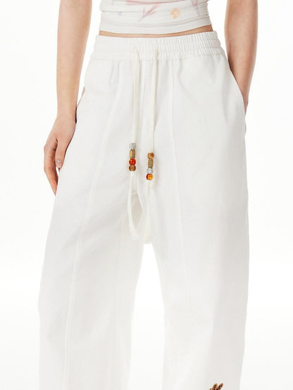 OuttheBlue Cotton Drawstring Pockets Natural Waist Workwear Long White Wide Leg Pants