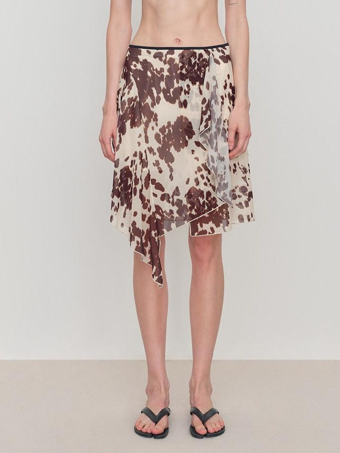 RUN TO THE FUTURE Breathable Lined Asymmetric A Line Casual Low Waist Cow Print Women Midi Skirts