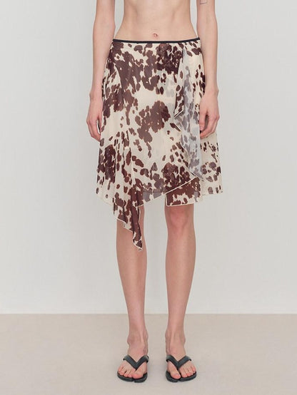 RUN TO THE FUTURE Breathable Lined Asymmetric A Line Casual Low Waist Cow Print Women Midi Skirts