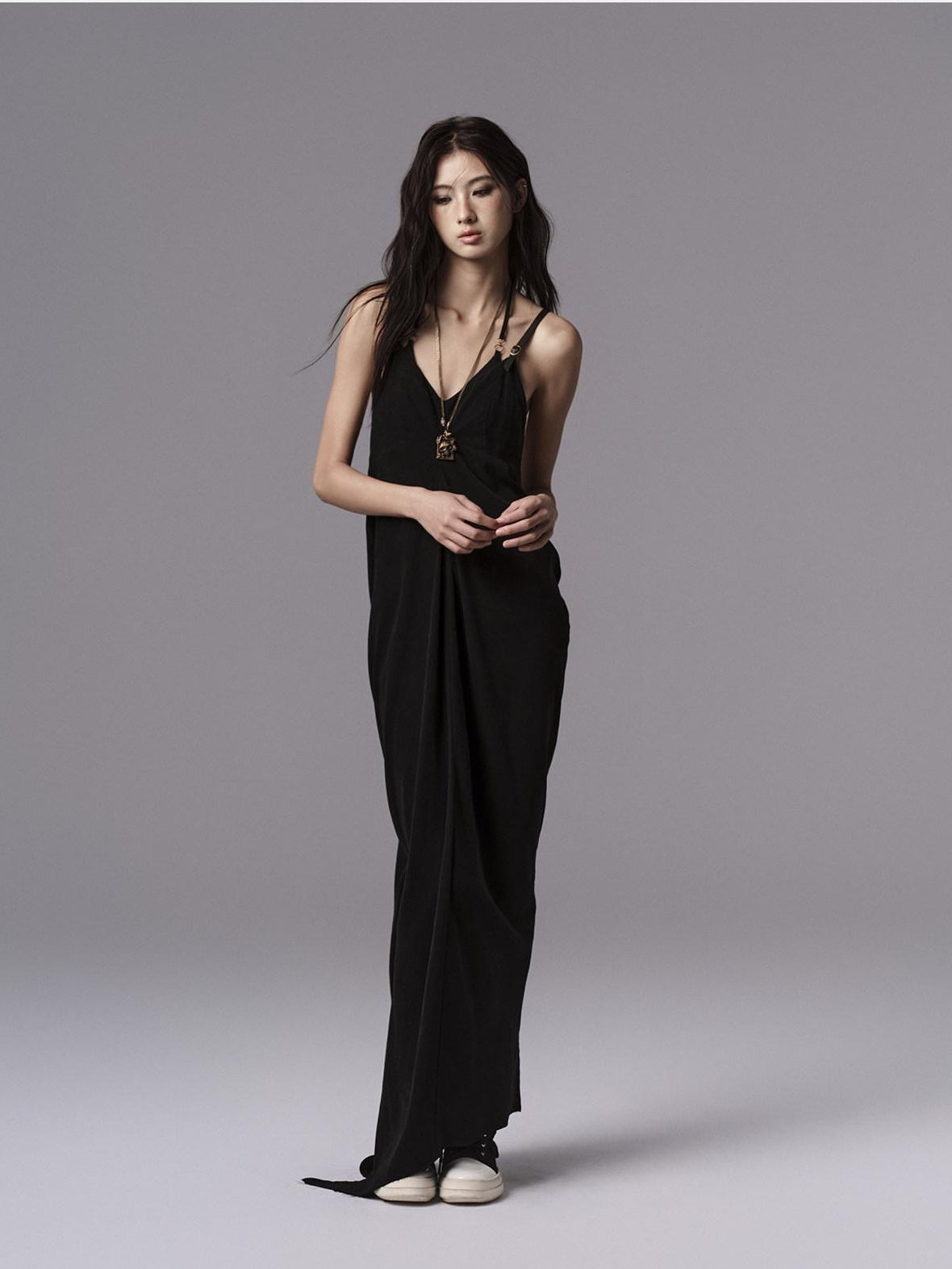 Low pixel Pure Cupro Slim Fit Dark Gothic Vneck Camisole Women Black Zip Back Maxi Dresses