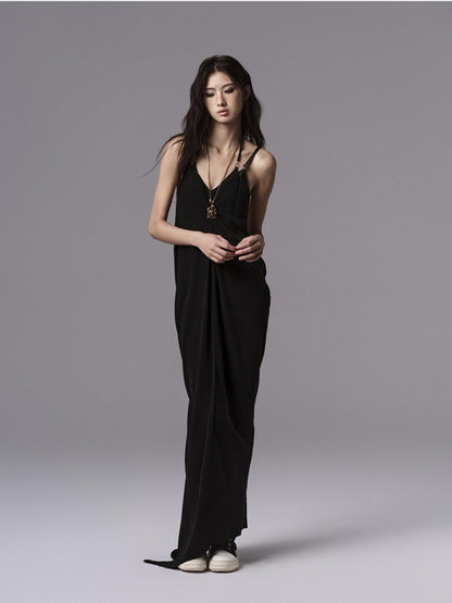 Low pixel Pure Cupro Slim Fit Dark Gothic Vneck Camisole Women Black Zip Back Maxi Dresses