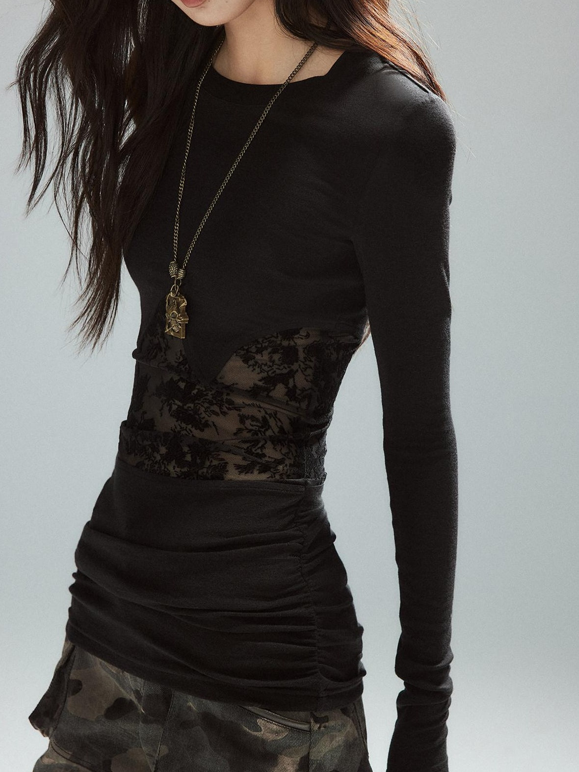 Low pixel Asymmetrical Patchwork Slim Streetwear Black Lyocell Long Sleeve T-Shirts
