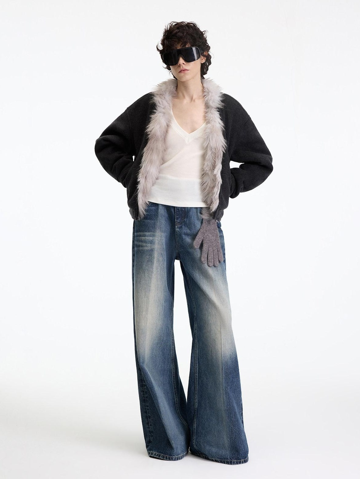 RUN TO THE FUTURE Warm Thick Patchwork Casual Zip Front Fur Collar Women Black Cardigans