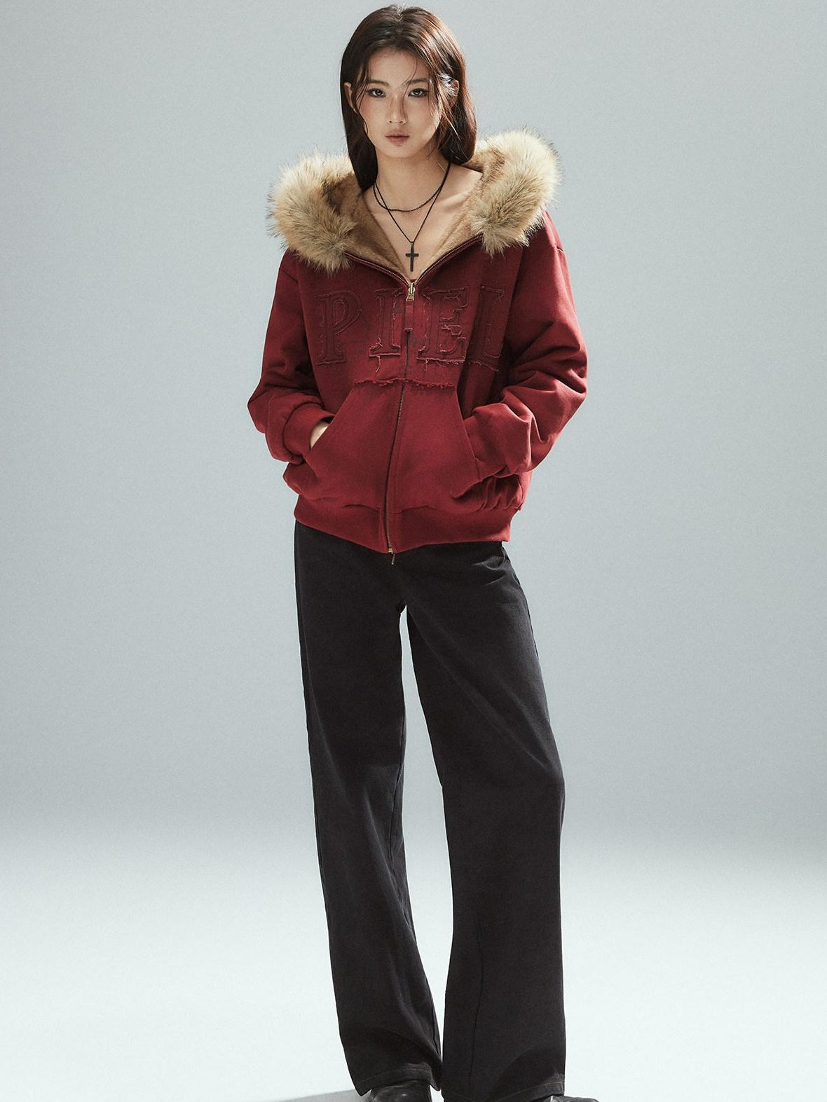 Low pixel Thick Warm 100 Percent Cotton Street Loose Fit Zip Up Women Red Oversized Hoodie
