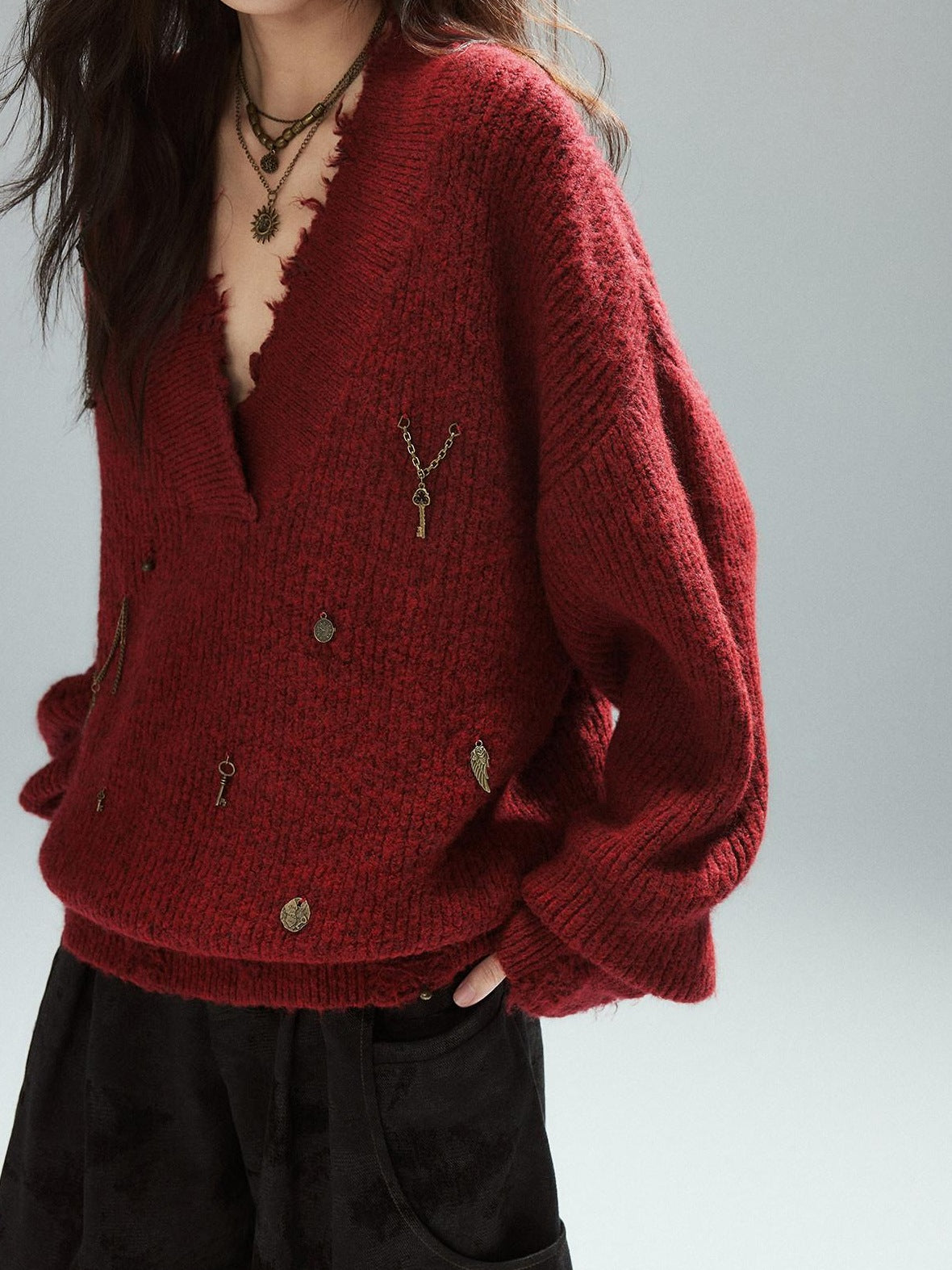 Low pixel Warm Oversized Street Raw Hem Women V-neck Red Pullover Sweaters