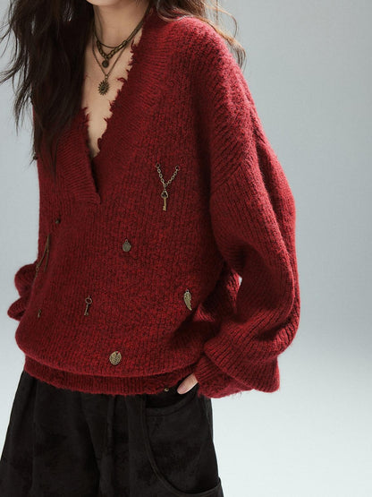 Low pixel Warm Oversized Street Raw Hem Women V-neck Red Pullover Sweaters