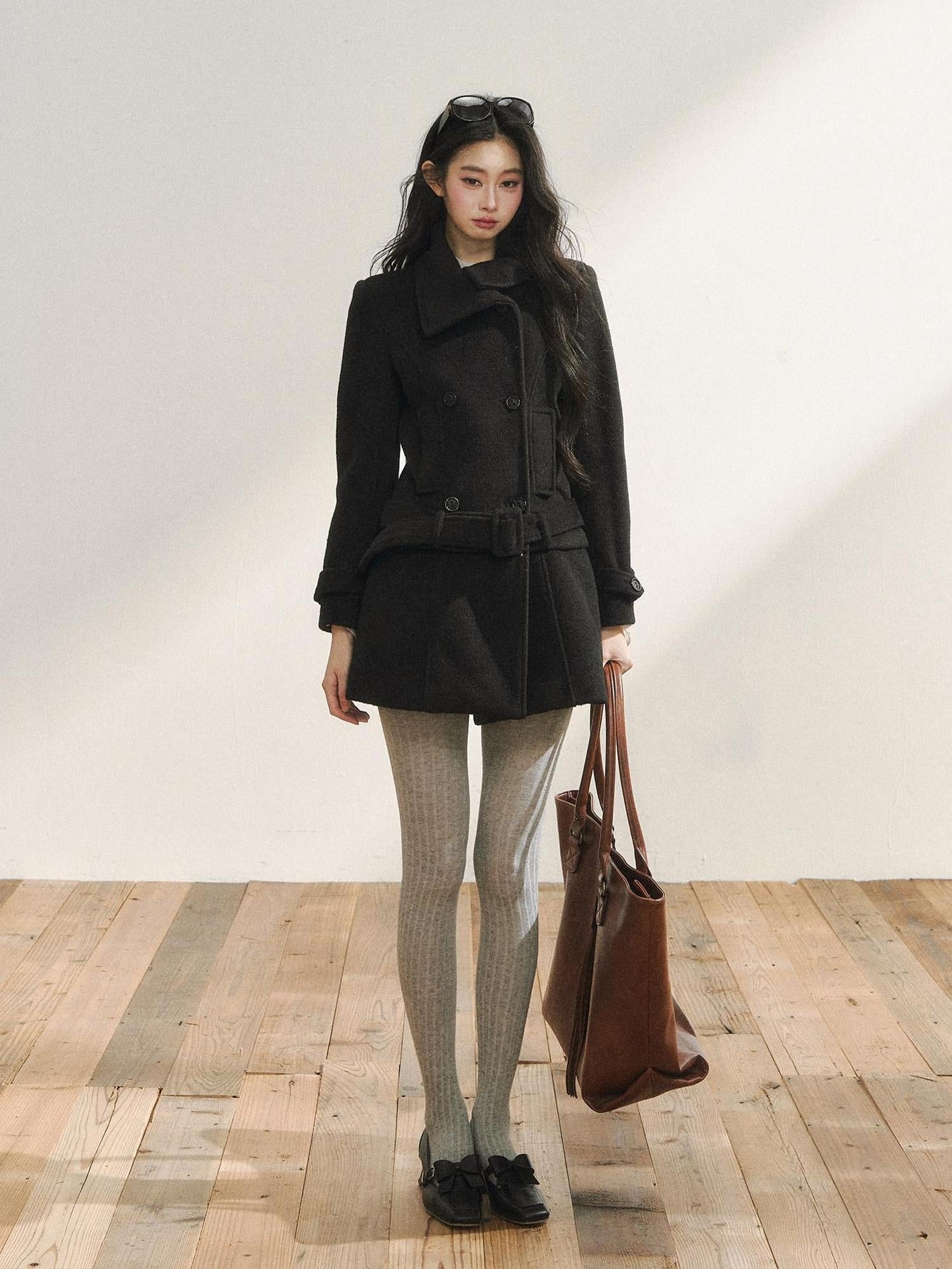 7Shiftin Detachable Wool Casual Cinched Waist Double Breasted Women Black Short Coat