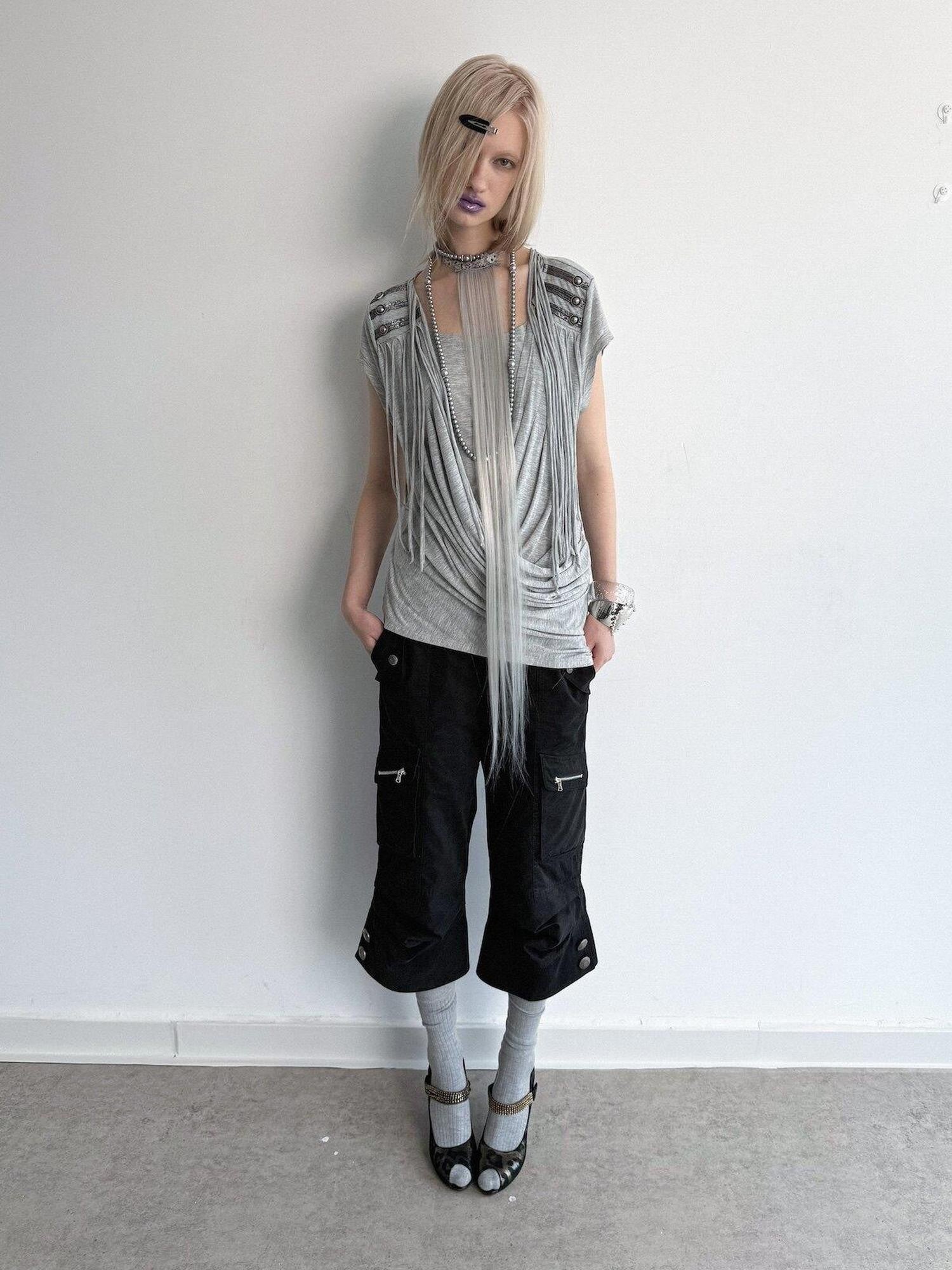 DoublePunch Desert Sand Asymmetric Draped Tassel Knit Women&