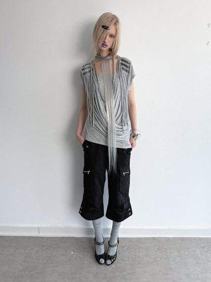DoublePunch Desert Sand Asymmetric Draped Tassel Knit Women&
