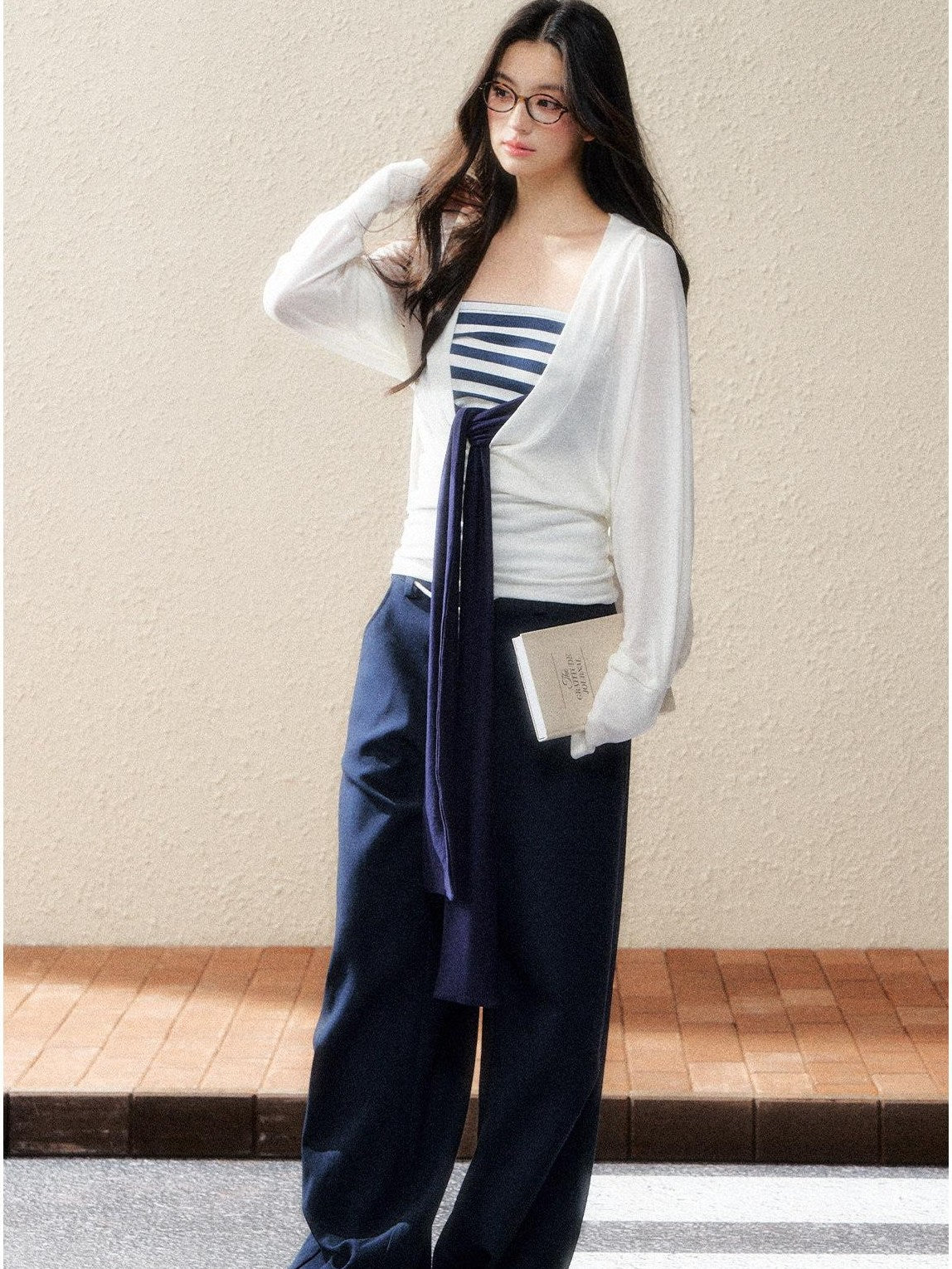 7Shiftin Versatile Minimal Straight Cut Natural Elastic Waist Women Navy Wide Leg Pants