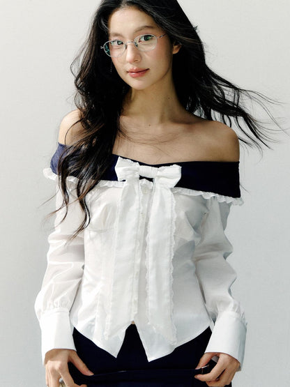 7Shiftin Slimming Off Shoulder Slim Fit Long Sleeve Cotton Bow White Blouses