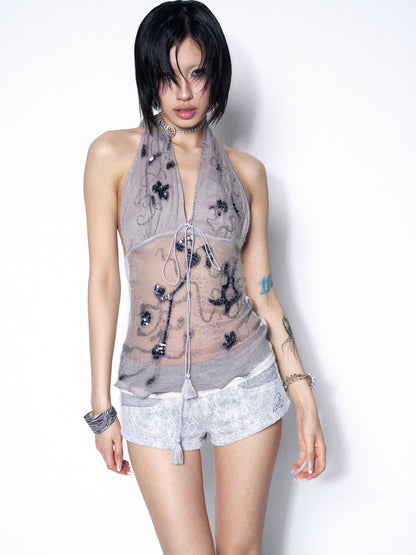 OPEN AESTHETIC Embroidered Beaded Sequin Floral Halter V-neck Women&