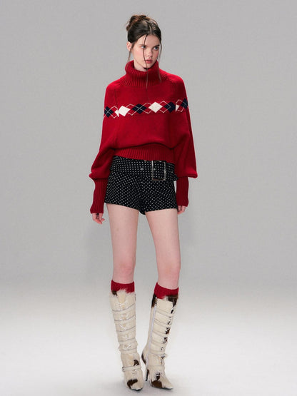 The NeverMore Warm Wool Pullover Vintage Jacquard Cape Batwing Women High Neck Red Sweaters