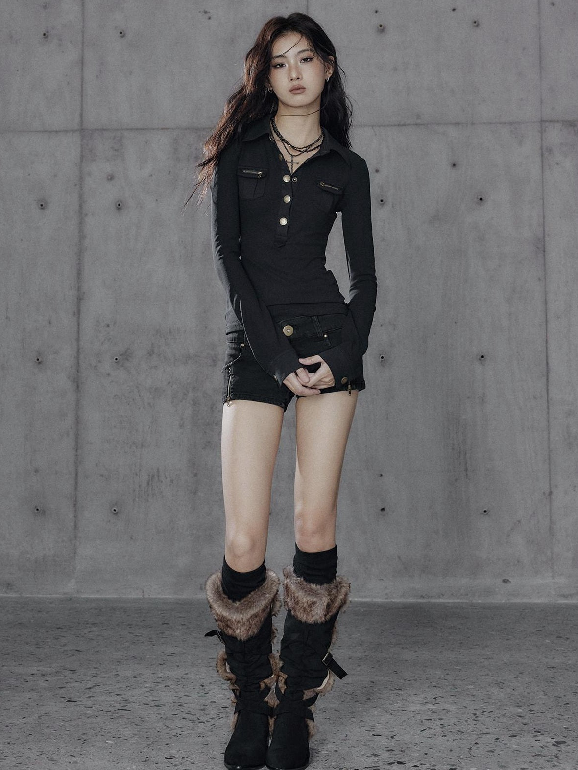Low pixel Slim Fit Utility Knit Pullover Women Black Turndown Collar Long Sleeve T-Shirts