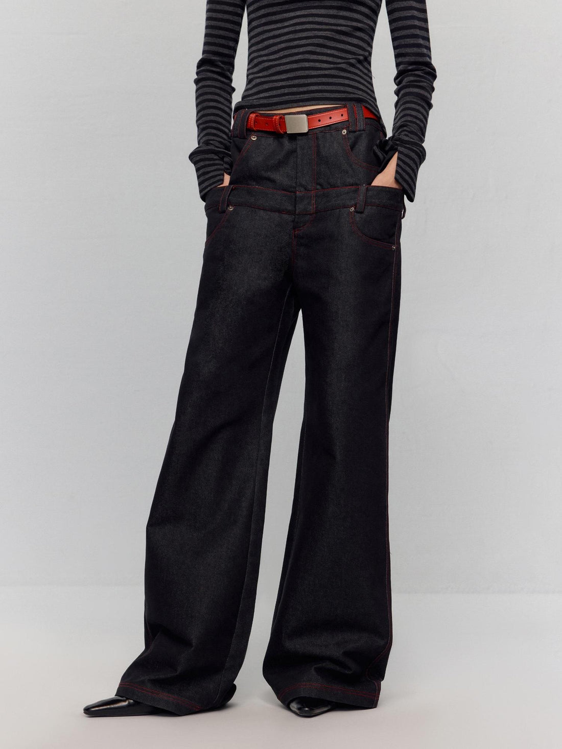 RUN TO THE FUTURE Low Rise Colorblock Loose Fit Zip Fly Black Denim Stretch Wide-Leg Jeans