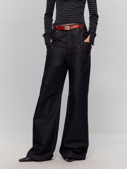 RUN TO THE FUTURE Low Rise Colorblock Loose Fit Zip Fly Black Denim Stretch Wide-Leg Jeans