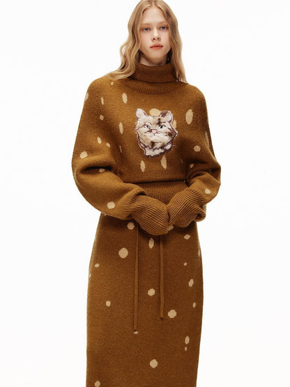 OuttheBlue Cozy Turtleneck Pullover Waist Cinched Casual Animal Print Knit Top &amp; Skirt Sets