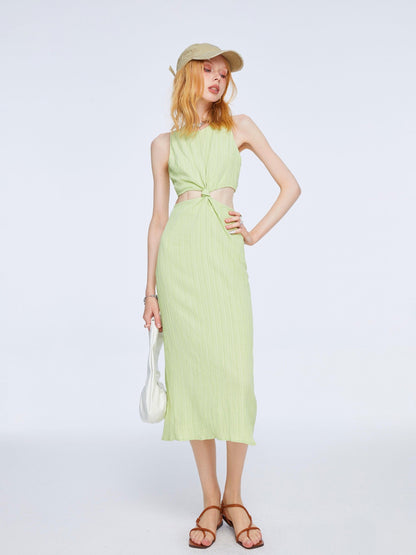 The NeverMore High Waist Pleated Street A Line Sleeveless Women Green Maxi Dresses