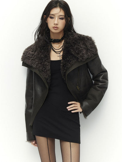 Low pixel Warm Faux Shearling Waisted Gothic Short Zip Women Coffee Cropped Jackets