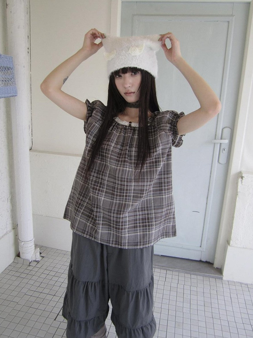ang project Brown Plaid Patchwork Lace Trim Puff Sleeve Women&