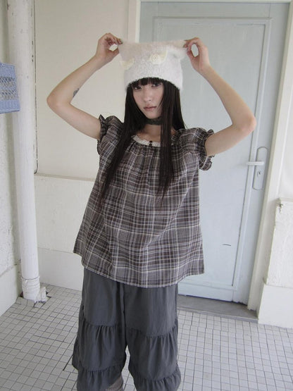 ang project Brown Plaid Patchwork Lace Trim Puff Sleeve Women&