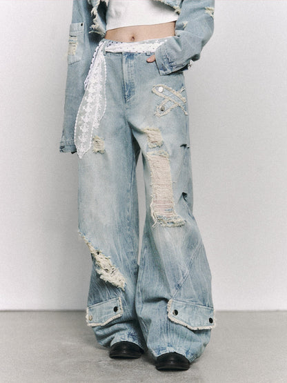 Frustration Garden Light Blue Washed Distressed Ripped Frayed Hem Women&