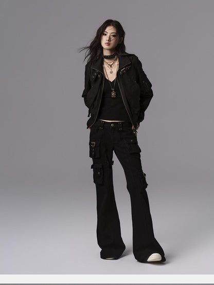 Low pixel Dark Gothic Flared Mid Rise Pocketed Cotton Zip Fly Women Black Cargo Pants