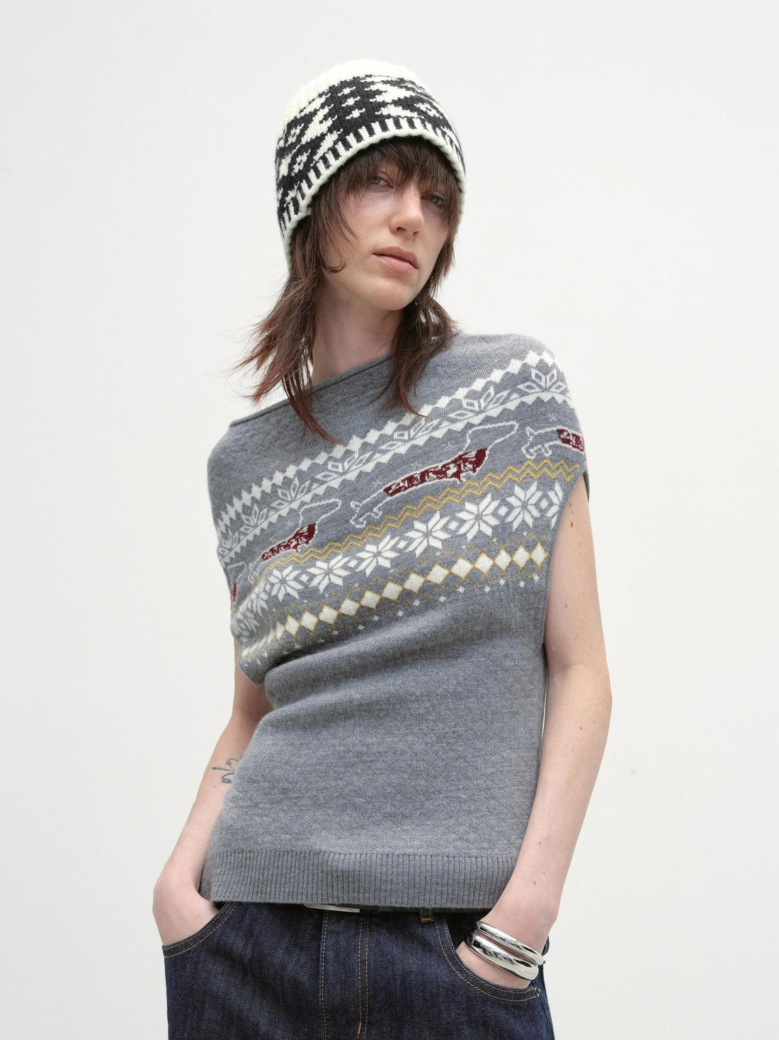 RUN TO THE FUTURE Acrylic Wool Blend Slim Cape Animal Print Women Asymmetrical Neck Grey Sweaters