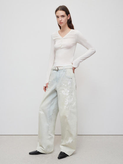 RUN TO THE FUTURE Vintage Light Blue Floral Cotton Loose Casual Womens Zipper Fly Wide-Leg Jeans
