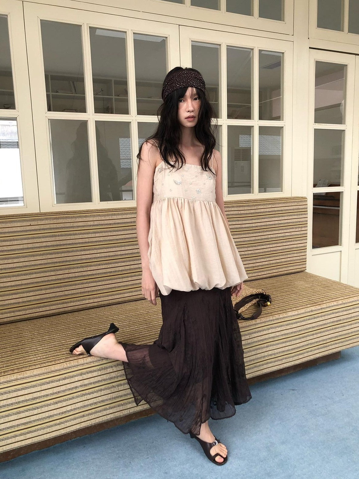 Dorydory Apricot Beige Beaded Square Neck Tulip Hem Women&