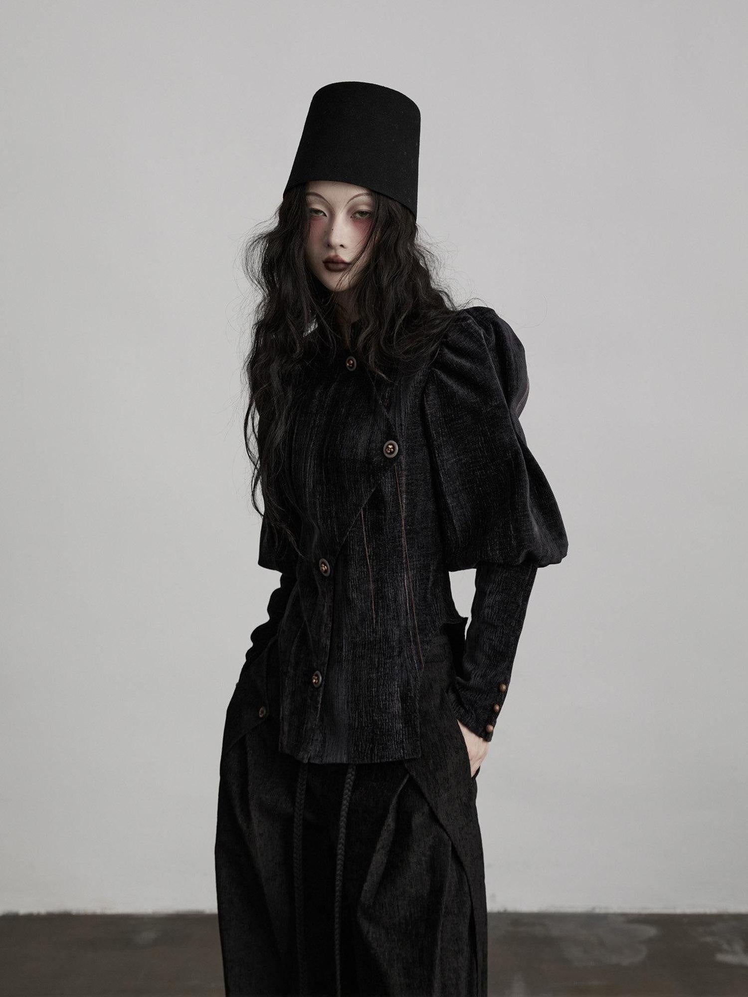INDULGE Stretchy Waist Cinch Gothic Loose Fit Button Front Women Black Cropped Jackets