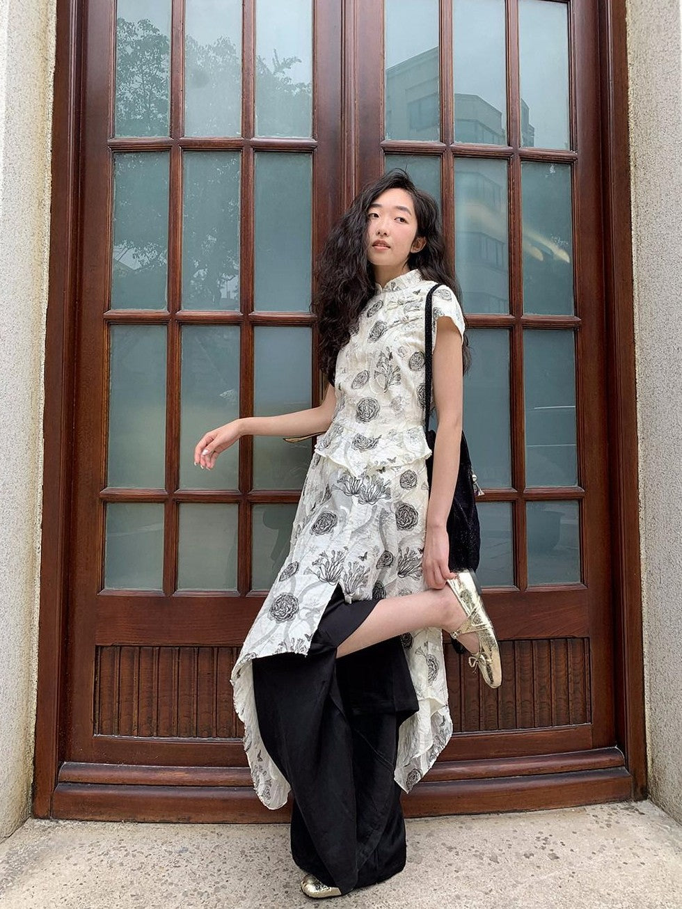 Dorydory Ivory Cutwork Stand Collar Asymmetric Hem Women&