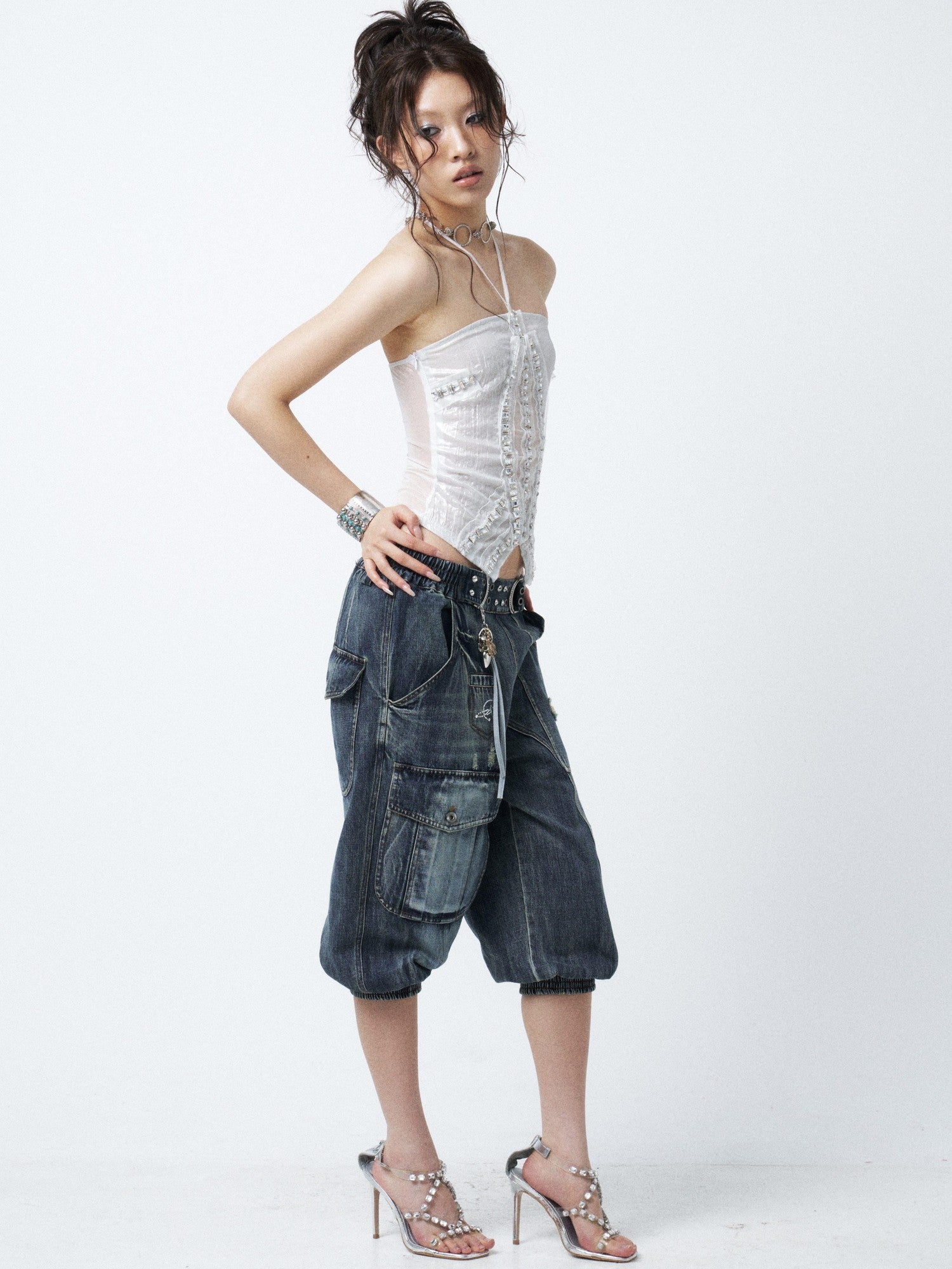 OPEN AESTHETIC Waterwashed Distressed Rhinestone Women&
