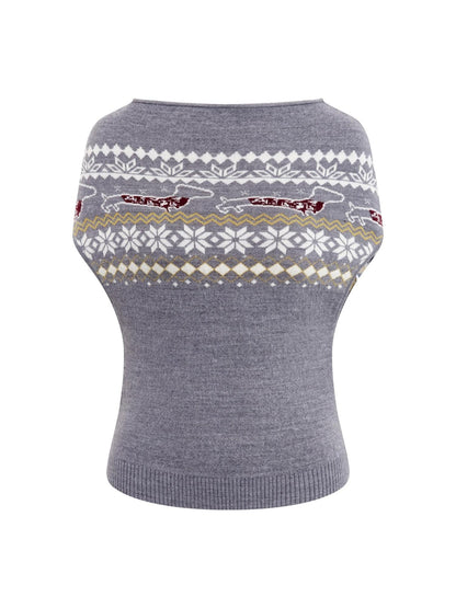 RUN TO THE FUTURE Acrylic Wool Blend Slim Cape Animal Print Women Asymmetrical Neck Grey Sweaters