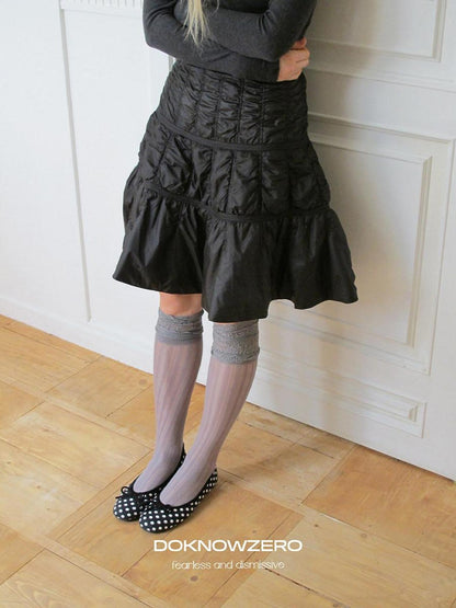 DKZ OFFICIAL Quilted Pleated Ruffle Mid Waist Loose Women&