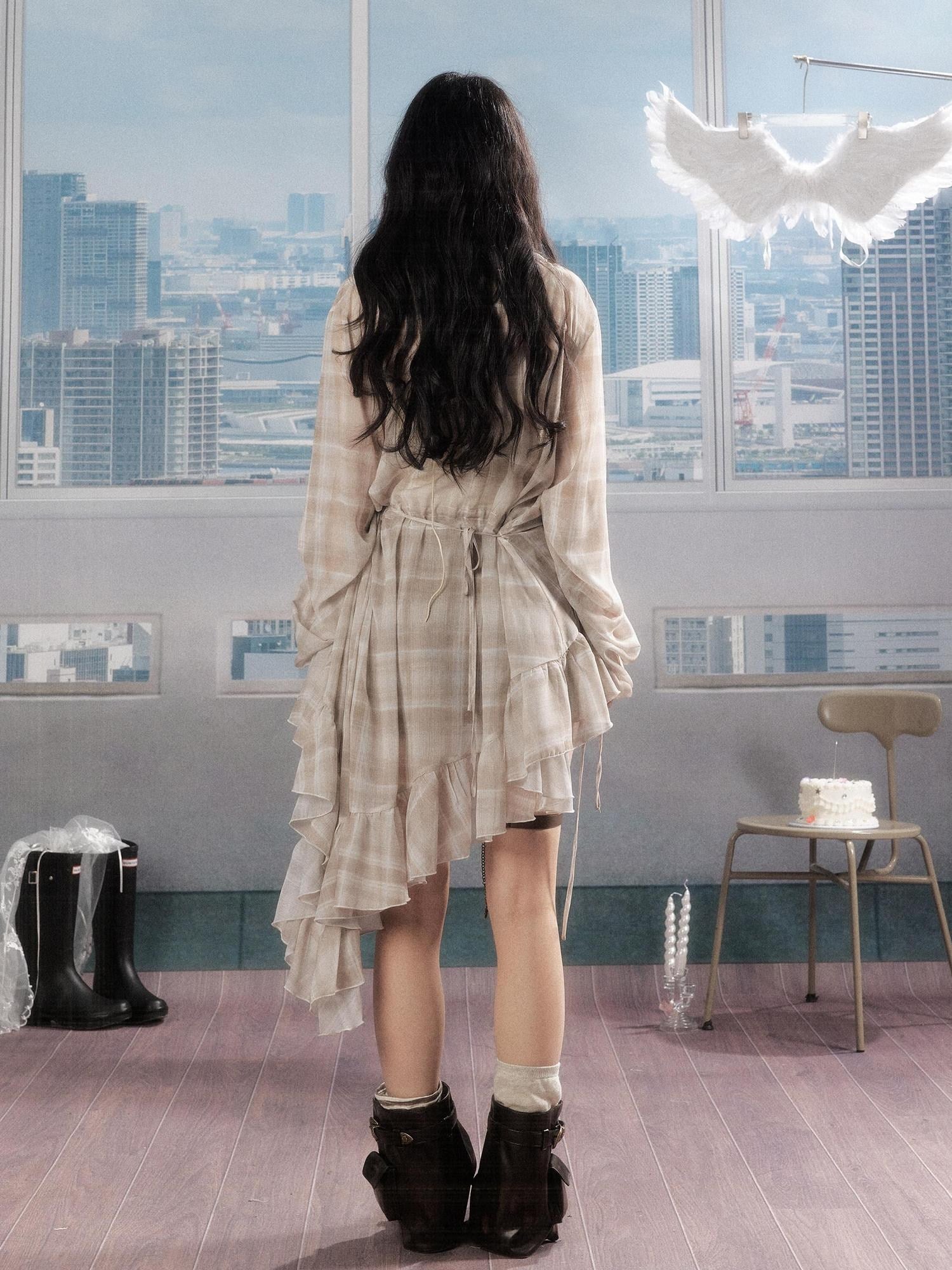 ALL iN plan Vintage Loose Long Sleeve Fairy Beige Plaid Casual Women Polyester Dress