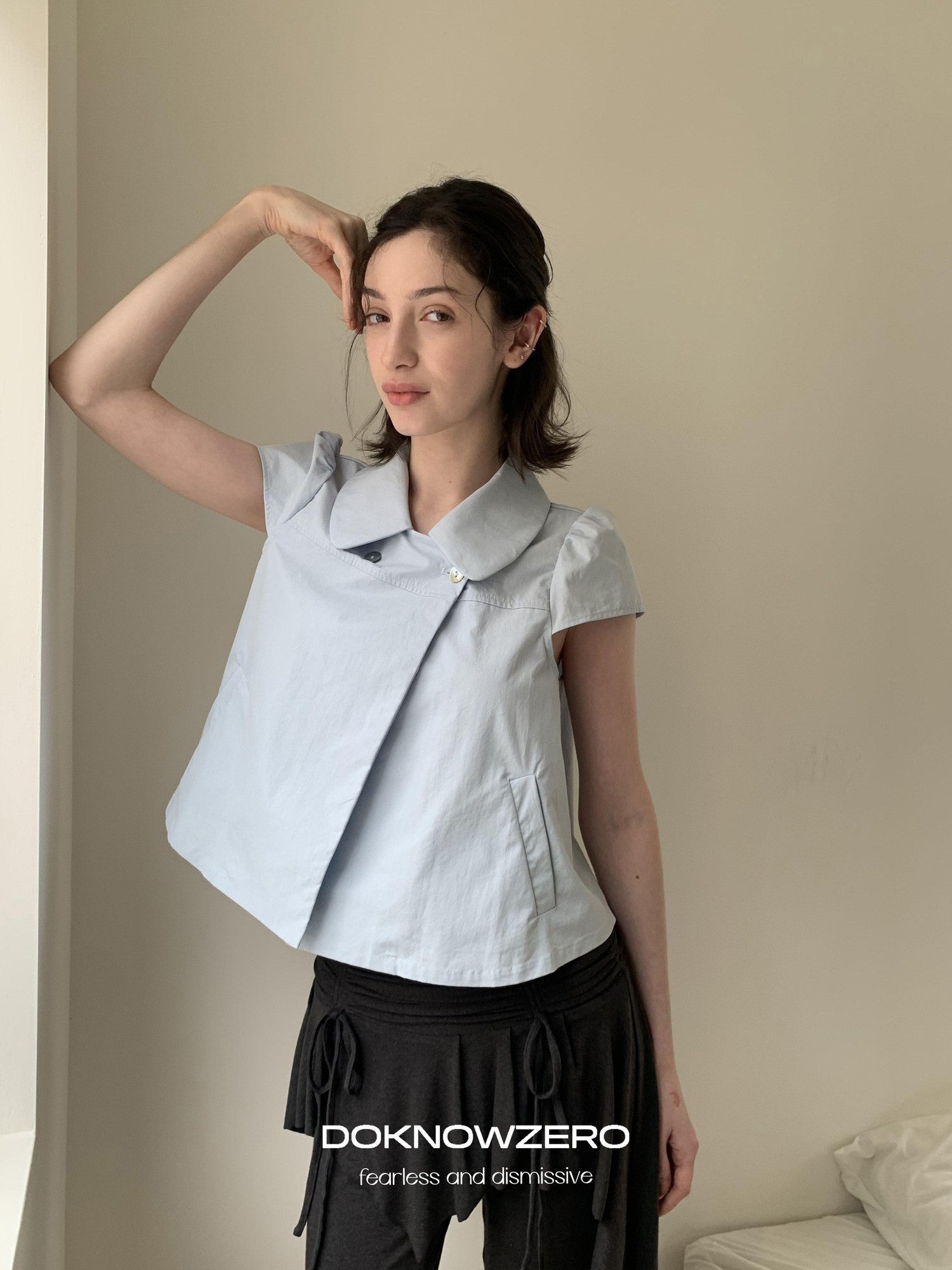 DKZ OFFICIAL Deep Blue Double Buttons Doll Collar Puff Sleeves Women&