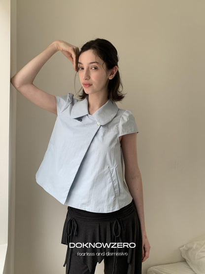 DKZ OFFICIAL Deep Blue Double Buttons Doll Collar Puff Sleeves Women&