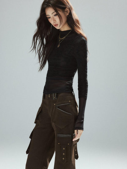 Low pixel Thin Street Slim Fit Faux Two Piece Crew Neck Women Nylon Long Sleeve T-Shirts