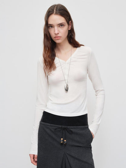RUN TO THE FUTURE Breathable Lyocell Slim V-neck Button Detail Women Casual Long Sleeve T-Shirts