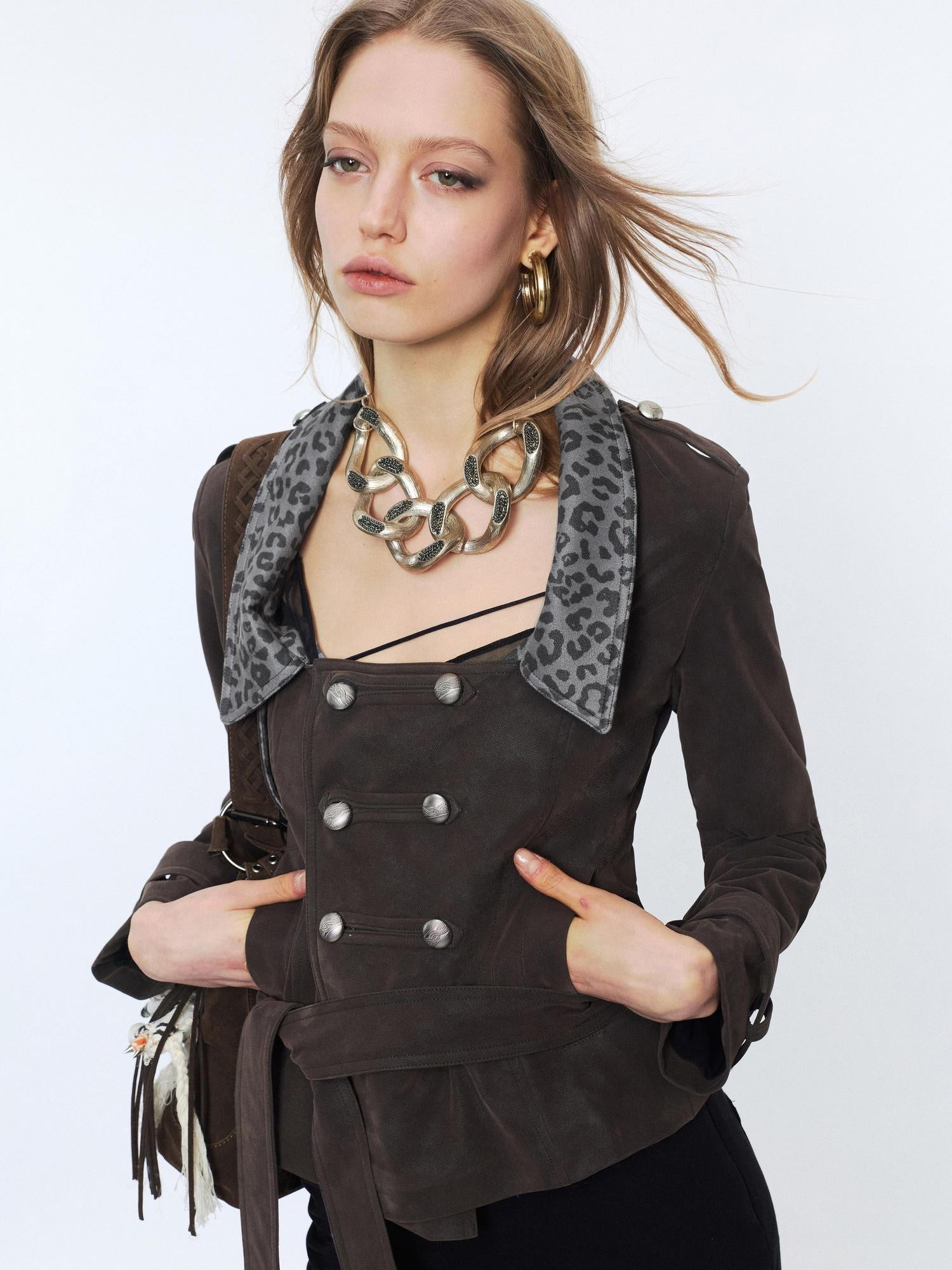 2th Desire Waist Cinch Punk Leopard Print Slim Fit Zip Short Women Trench Coats