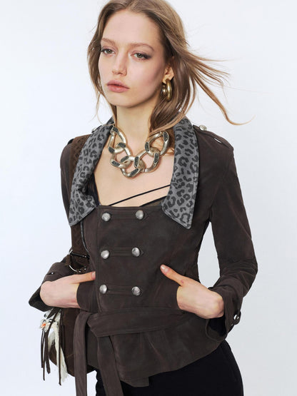 2th Desire Waist Cinch Punk Leopard Print Slim Fit Zip Short Women Trench Coats